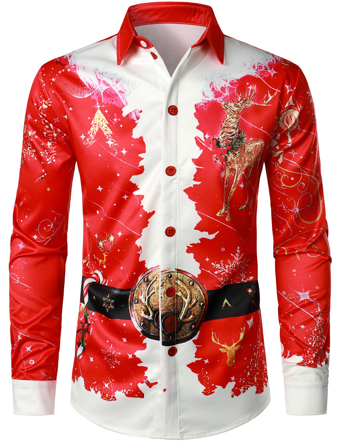Men's Christmas-Inspired Red Fun Outfit Holiday Button-Down Long Sleeve Shirt