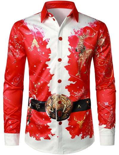 Men's Christmas-Inspired Red Fun Outfit Holiday Button-Down Long Sleeve Shirt
