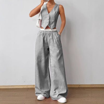 HELENA - Elegant Striped Print Vest Top & Wide-Leg Pants Set