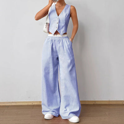 HELENA - Elegant Striped Print Vest Top & Wide-Leg Pants Set