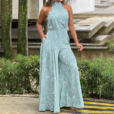 QIANA - Elegant Wide Leg Neck Tie Sleeveless Summer Jumpsuit