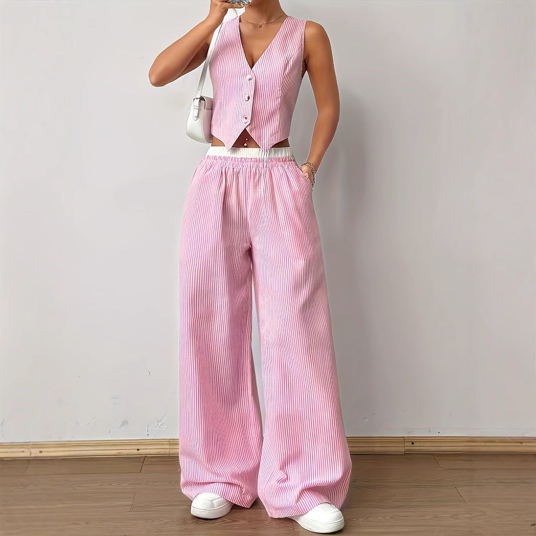 HELENA - Elegant Striped Print Vest Top & Wide-Leg Pants Set