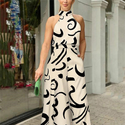 QIANA - Elegant Wide Leg Neck Tie Sleeveless Summer Jumpsuit