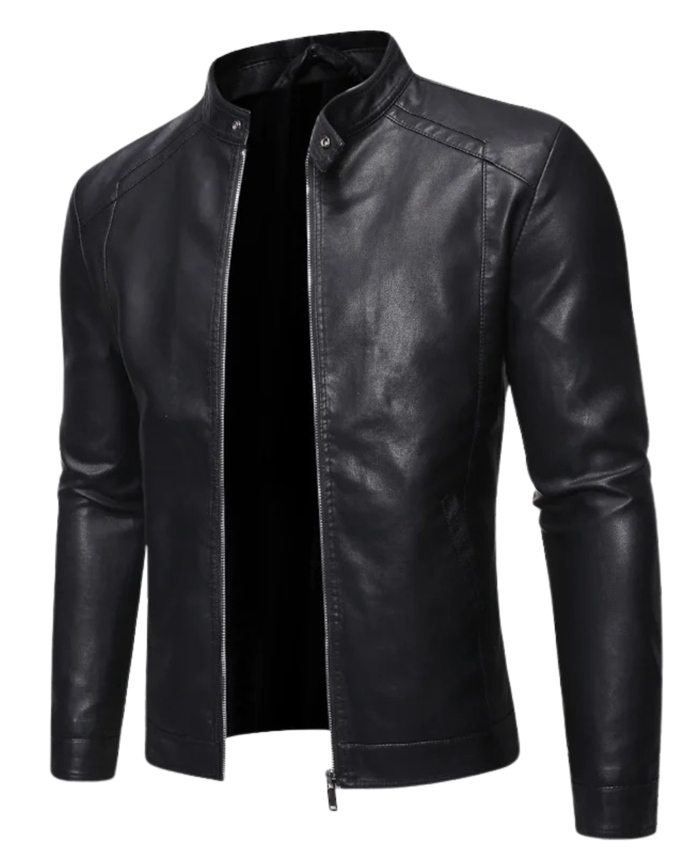 Leather jacket with standing collar
