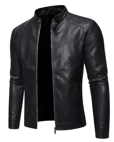 Leather jacket with standing collar