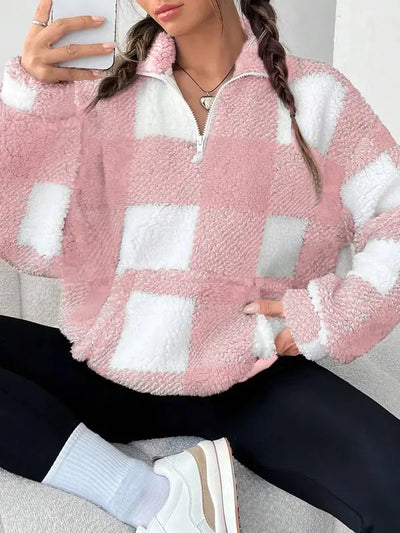 MALDA - Chic Plaid Print Half Zip Long Sleeve Sweater