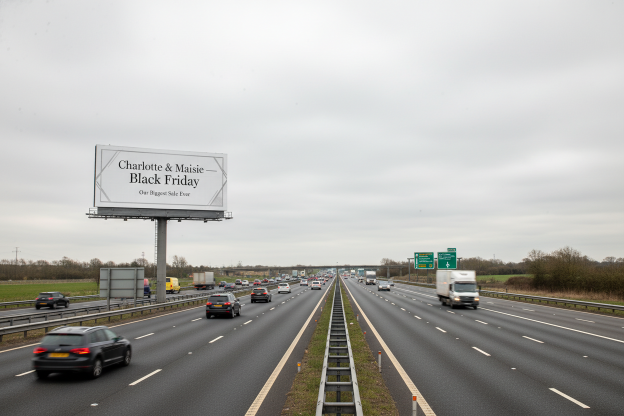 Create an ultra-realistic 4K image of a large highway billboard in England advertising Charlotte & Maisie’s Black Friday event. The billboard should look premium and boutique-styled, with elegant minimal design. Include the text: “Charlotte & Maisie — Black Friday” and “Our Biggest Sale Ever”. Place the billboard directly beside a busy English motorway, with cars passing by and a wide-open sky. The environment should clearly feel like the UK, with typical British road markings, metal guardrails, and realist