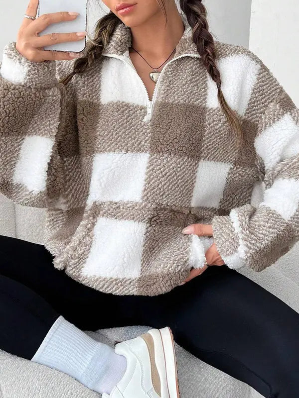 MALDA - Chic Plaid Print Half Zip Long Sleeve Sweater