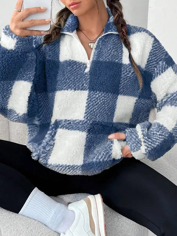 MALDA - Chic Plaid Print Half Zip Long Sleeve Sweater
