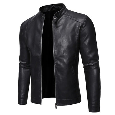 Leather jacket with standing collar