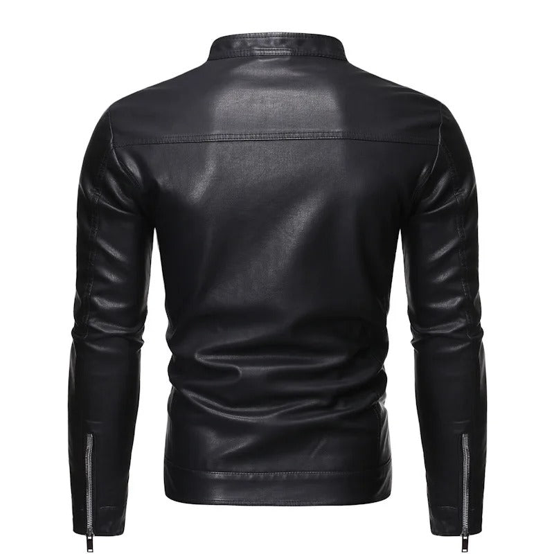 Leather jacket with standing collar